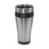 A travel mug in stainless steel with a black silicone grip and a plastic lid, featuring a branded logo.