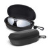 A pair of silver sunglasses in a black protective case, featuring a zip closure and a clip.