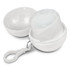 A white promotional product featuring a round container with a lid that holds a clear raincoat. It includes a keyring attachment.