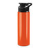 A drink bottle in bright orange with a black snap cap lid and a sleek design. Features a logo on the side.