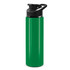 A drink bottle in bright green with a black snap cap and a built-in handle. It features a logo.