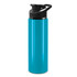 A drink bottle in bright teal with a black snap cap and a sleek design, featuring a logo.