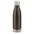 A drink bottle with a sleek design, featuring a dark metallic body and a silver, rounded cap.