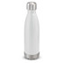 A drink bottle in matte white with a stainless steel base and cap, featuring a logo.
