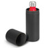 A drink bottle in a black container with a shiny silver cap, featuring a vibrant red body.
