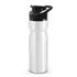 A drink bottle in silver with a black snap cap and a logo on the side.