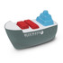 A stress toy shaped like a cargo ship, featuring grey, red, and blue elements, with a logo on the side.