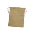 A medium jute gift bag with drawstring closure, featuring a natural woven texture in a tan color.