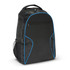 A black laptop backpack with blue accents and a mesh side pocket, featuring a front zippered compartment and a logo.