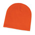 An orange beanie hat made of soft, textured fabric.