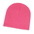A pink beanie hat is displayed on a white background.