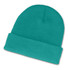 A beanie in a vibrant teal color, featuring a soft knit texture and a folded cuff.