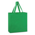 A green cotton tote bag with two handles and a plain design. It features a logo on one side.