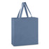 A cotton tote bag in a solid blue color with two sturdy handles.
