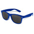 A pair of blue sunglasses with dark lenses and a branded logo on the side.