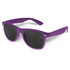 Purple sunglasses with dark lenses and a logo on the side, designed for leisure and outdoor activities.