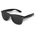 Black premium sunglasses with dark lenses, featuring a logo on the frame, ideal for leisure and outdoor activities.