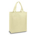 A light yellow tote bag with two handles and a simple design. It features a logo on one side.