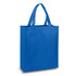 A blue tote bag with two handles and a large interior space, featuring a logo.