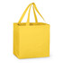 A yellow tote bag with two sturdy handles and a square base. It has a simple design and features a logo.