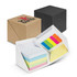 A multi-coloured sticky note set in a white cube with a black and brown cube surrounding it. The product has a logo on it.