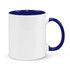 A two-tone coffee mug featuring a white exterior with a navy blue rim and handle. It has a logo on the side.