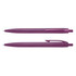 A purple plastic pen featuring a sleek design and a clip, with another pen positioned underneath it.