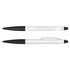 A stylus pen with a white barrel and black accents, featuring a logo on its side.