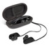 A pair of black sport Bluetooth earbuds with a compact case, featuring a mesh pocket for storage.
