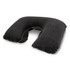 A black, U-shaped neck pillow with a soft, plush texture and a logo in one corner.