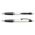 A plastic pen featuring a black and cream design, with a grip section and a click mechanism. It has a logo.