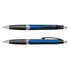 Two blue plastic pens with black grips and silver accents, featuring a logo on the barrel.