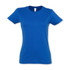 A blue women's t-shirt with a fitted design and a label inside. It features a logo on the front.