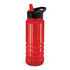 A drink bottle with a clear red body and a black lid, featuring a built-in straw for easy sipping.