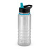 A drink bottle featuring a clear body with a black lid and a teal straw.