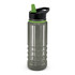 A drink bottle in clear plastic with black and green accents, featuring a flip-top lid and textured grip.