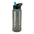 A drink bottle in clear and black with a teal spout and a ridged design. It features a logo.