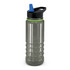 A drink bottle in clear plastic with a black lid and green band, featuring a blue spout and a logo on the side.