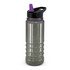 A drink bottle in clear plastic with a black and purple lid, featuring a textured grip design.