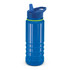 A drink bottle in transparent blue with a green band and a blue lid, featuring a spout and handle.