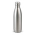 A drink bottle made of stainless steel with a sleek, silver finish and a screw-top lid. It features a logo.