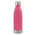 A drink bottle in bright pink with a stainless steel base and a silver screw top. It has a logo on the surface.