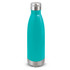 A drink bottle in a vibrant turquoise colour with a stainless steel base and lid. It features a logo.