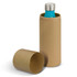 A drink bottle in a turquoise colour placed inside a cylindrical brown cardboard packaging.