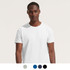 A fitted white adult T-shirt displayed on a model, featuring options for other colours below.
