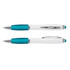 A stylus pen with a white barrel and teal accents, featuring a chrome clip and tip. 