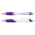 A plastic pen with a white barrel and a purple grip, featuring a shiny silver clip and tip. It has a branding logo.