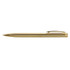 A gold metal pen with a sleek design and a clip, featuring a textured grip and branding.