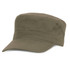 An olive green military-style cap with a flat visor and a stitched band, featuring a logo on the side.