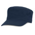 A navy military style cap with a rounded crown and a stiff, flat brim. Features a logo on the side.